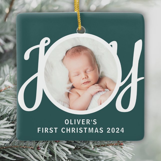 Cuatname First Christmas Foto Green Keepake Keramikornament (Von Creator hochgeladen)