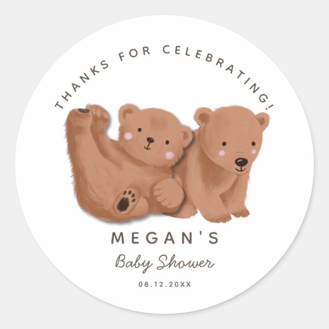 Cub Twin Bears Gender Neutral Baby Dusche Runder Aufkleber (Vorderseite)