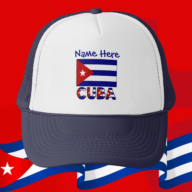 Cuba Dark Blue Cuban Flag Navy Blue Personalized Truckerkappe (Personalized trucker hat with dark blue Cuban flag and the word CUBA below.)