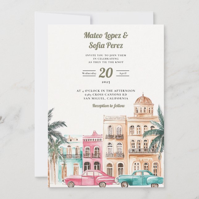 Cuba Havana Watercolor Einladung zur Hochzeit (Vorderseite)
