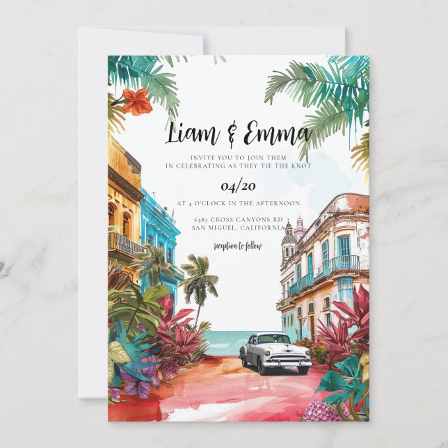 Cuba Havana Wedding Hochzeit in Urlaubsort Einladung (Vorderseite)