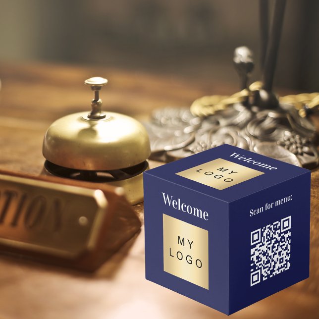Cube Photo Bienvenue logo de l'entreprise QR code bleu table  (Créateur téléchargé)