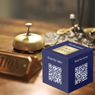 Cube Photo Bienvenue logo de l'entreprise QR codes bleu table