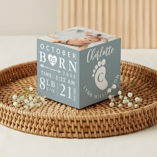 Cube Photo Cadeau de photo de bébé et statistiques de naissan (Baby Photo Keepsake & Birth Stats Blue Monogram Cube)