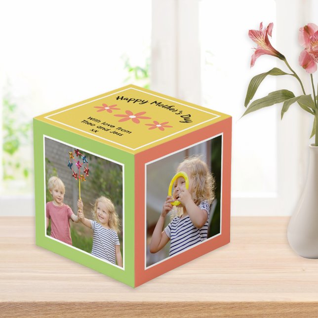 Cube Photo Joyeuse Fête des Mères Personnalisée Pretty Multi  (Create your own custom photo block for Mother's Day, with four photos and your personalized message)