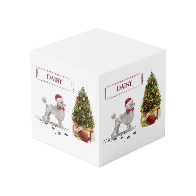 Cube Photo Poodle gris drôle Chien de Noël avec arbre (Angle arrière)