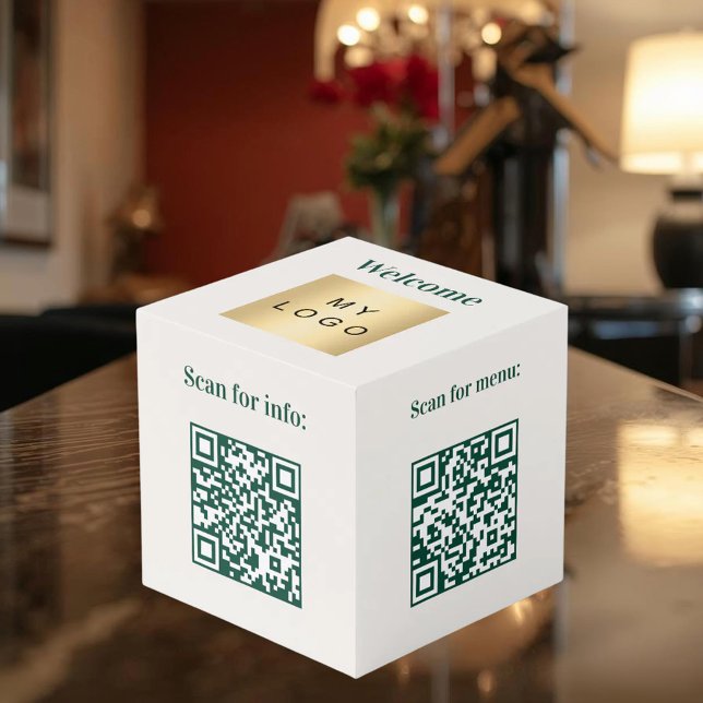 Cube Photo Welcome business logo QR codes ivory info table (Créateur téléchargé)