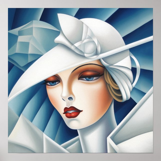 Cubisme Art Déco Blue Eyes Woman Portrait (Devant)