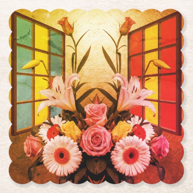 Cubist Art Blume Scalloped Square Untersetzer Set (Vorderseite)