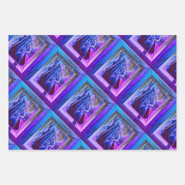 Cubist Art Deco Bly Dancer in Lila & Blue Geschenkpapier Set (Vorderseite 3)