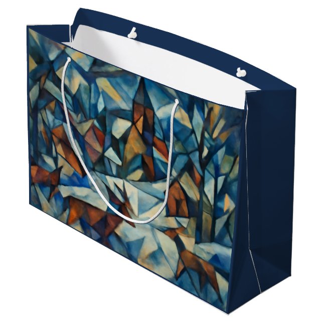 Cubist Expressionist Winter Village Large Gift Bag Große Geschenktüte (Rückseite Schrägansicht)