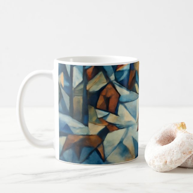Cubist Expressionist Winter Village Mug Kaffeetasse (Mit Donut)