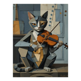 Cubist Harmony: Feline Violinist Poster