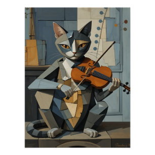 Cubist Harmony: Feline Violinist Poster
