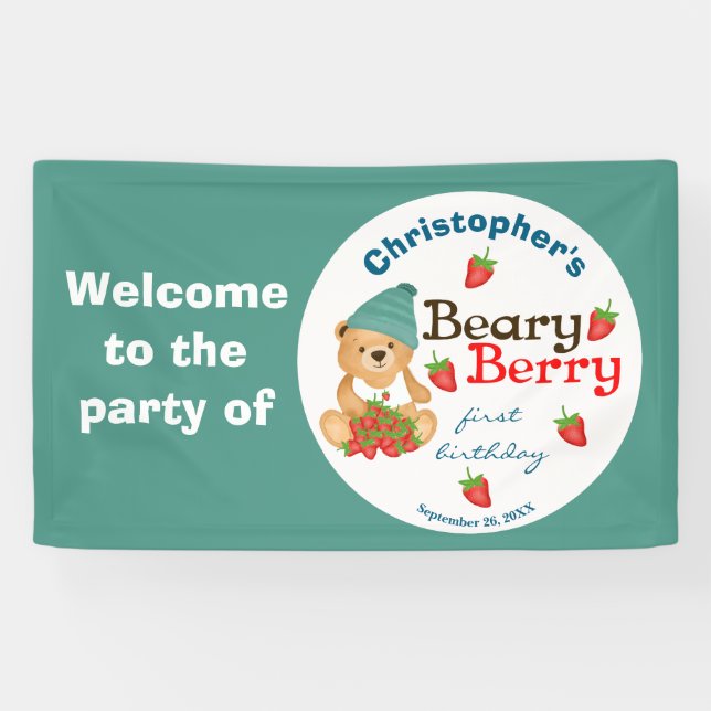 Cub's Strawberries Beary Berry Erster Geburtstag Banner (Horizontal)