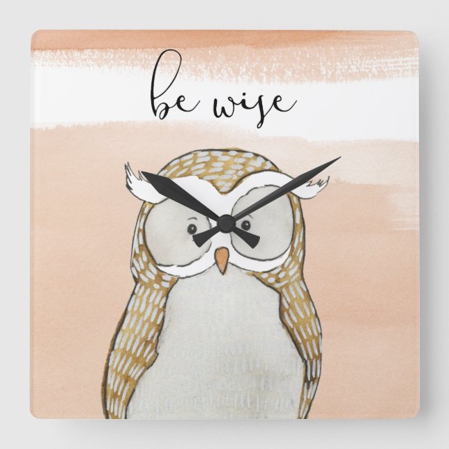Cuddlies Owl | Sei weise Quadratische Wanduhr (Vorderseite)