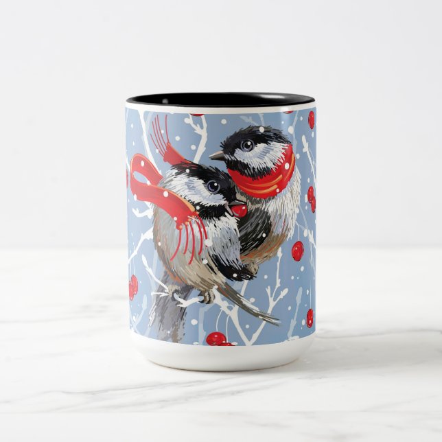Cuddling Chickadees Christmas Sweethearts Zweifarbige Tasse (Mittel)