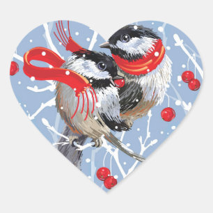 Cuddling Chickadees Liebe Weihnachten Herz-Aufkleber
