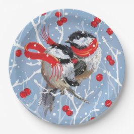 Cuddling Chickadees Weihnachten | Blau/Rot Pappteller