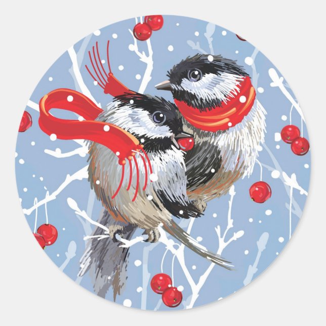 Cuddling Chickadees Weihnachten Runder Aufkleber (Vorderseite)