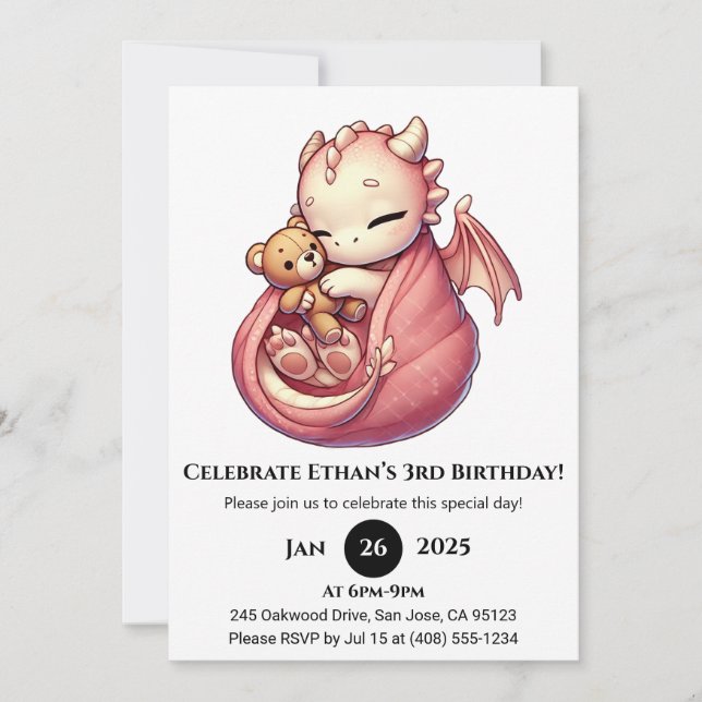 Cudly Pink Dragon Birthday Einladung (Vorderseite)