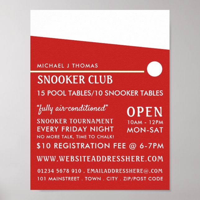 Cue Ball, Pool Club, Snooker Club Werbung Poster (Vorne)