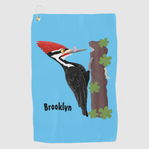 Cue lustige Pileated Woodpecker Cartoon Illustrati Golfhandtuch