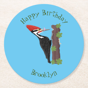 Cue lustige Pileated Woodpecker Cartoon Illustrati Runder Pappuntersetzer