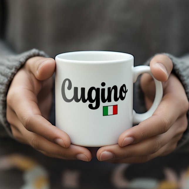 Cugino (Cousin Him) Italian Flag Mug (Man's hands holding white Cugino mug with Italian flag. Great heritage gift for cousin (him))