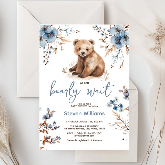 Cuire ours aquarelle garçon baby shower invitation (Cute bear with rustic blue flowers baby shower invitation)