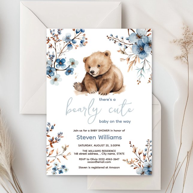 Cuire ours aquarelle garçon baby shower invitation (Cute bear with rustic blue flowers baby shower invitation)