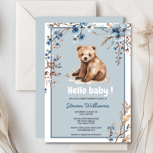 Cuire ours aquarelle garçon baby shower invitation (Cute bear with rustic blue flowers baby shower invitation)