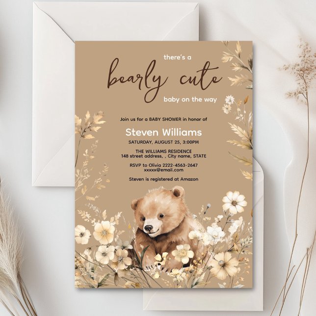 Cuire ours aquarelle garçon baby shower invitation (Cute watercolor forest bear with rustic beige flowers baby shower invitation)