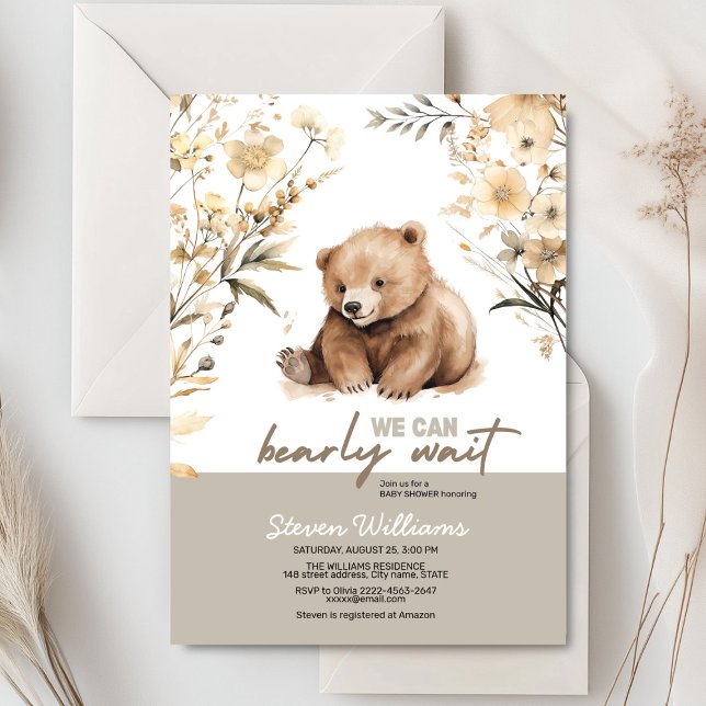 Cuire ours aquarelle garçon baby shower invitation (Cute bear with rustic beige flowers baby shower invitation)