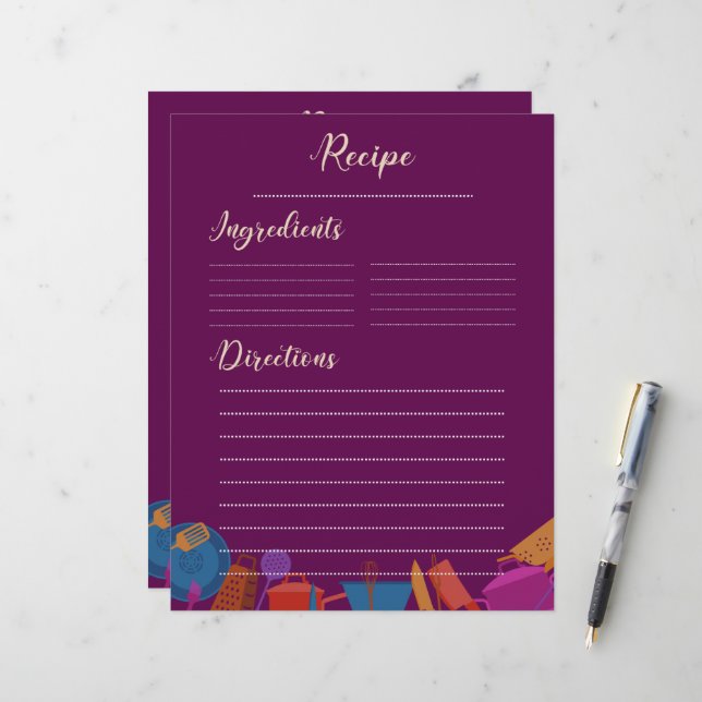 Cuisine familiale rose vintage Feuille de recette (Devant/Arrière en situation)