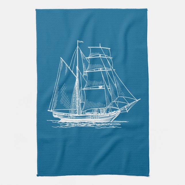 Cuisine serviette Bleu voilier bateau nautique (Vertical)