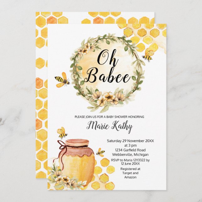 Cuisine sucrée au miel, Baby shower Invitation (Devant / Derrière)