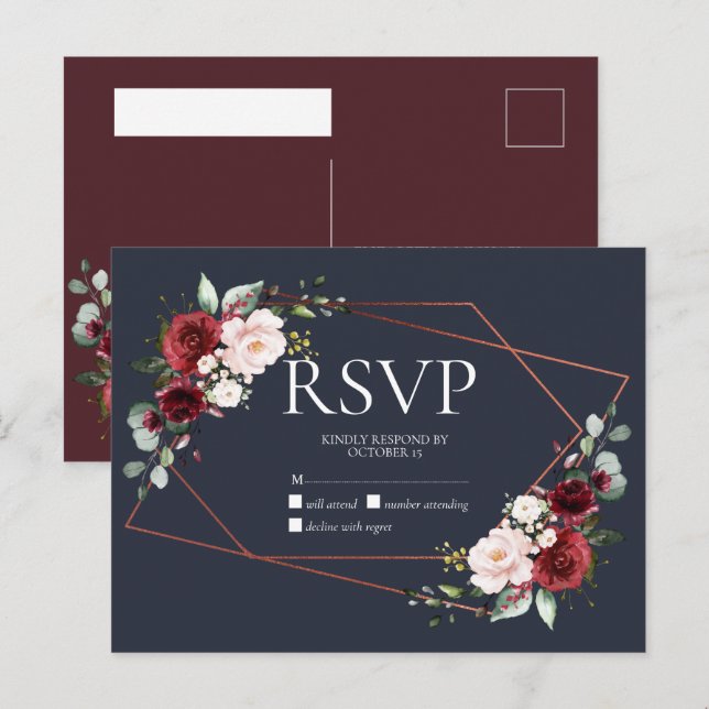 Cuivre Géométrique Bourgogne Bleu Non Menu RSVP (Devant / Derrière)