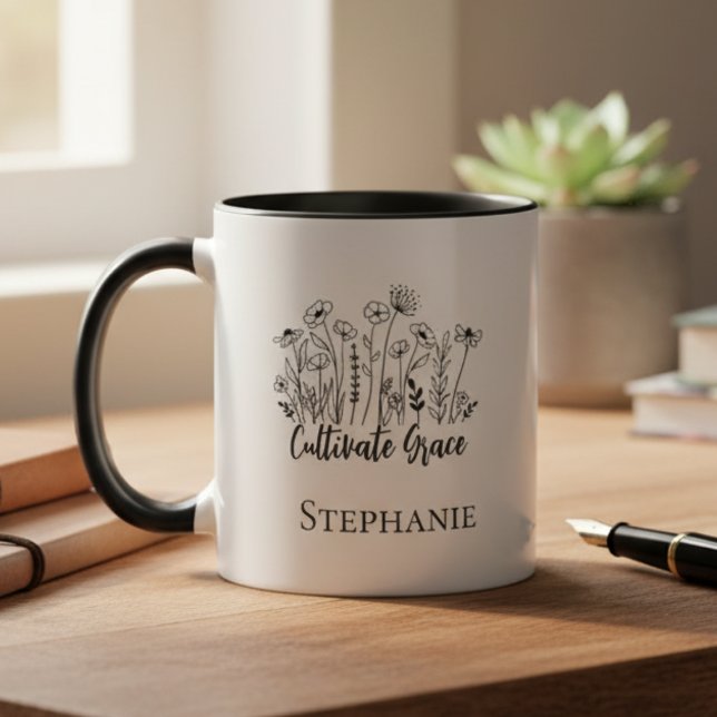 "Cultivate Grace" Floral Mug - Inspirational Gift Tasse (Inspirational wildflower personalized mug)