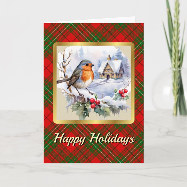 Cumming Tartan w/Robin Personalized Xmas Karte (Vorderseite)