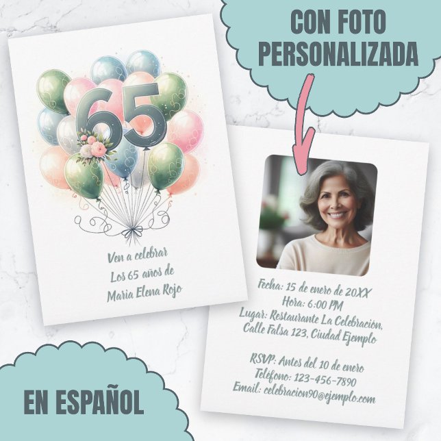 Cumpleaños de 65 Años Globos Con Foto Einladung (Cumpleaños de 65 Años Globos Con Foto Invitation.)
