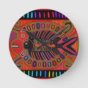 Cuna Indian Mola Fliegender Fisch Runde Wanduhr