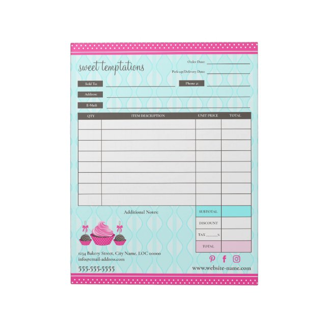 Cupcake and Cake Pops Receipt Order Form Notizblock (Rotiert)
