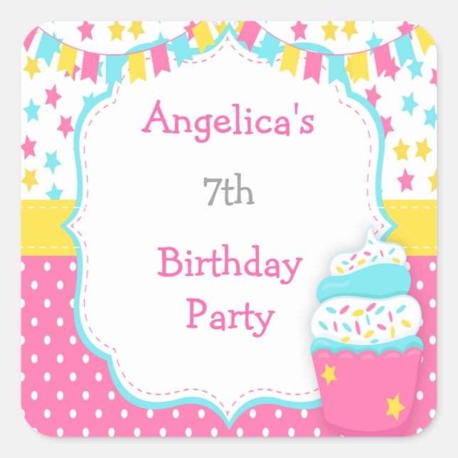 Cupcake and Sprinkles Birthday Party Quadratischer Aufkleber (Vorderseite)