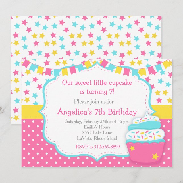 Cupcake and Sprinkles Pink Birthday Party Einladung (Vorne/Hinten)