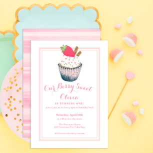 Cupcake aux fraises 1er anniversaire Invitation - 