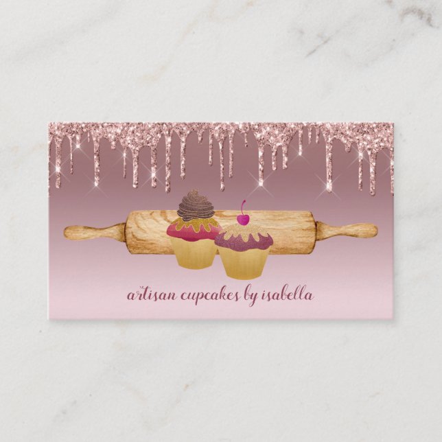 Cupcake Bäckerei Baker Rose Gold Glitzer Tropfen Visitenkarte (Vorderseite)