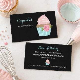 Cupcake-Bäckerei Black Aqua Floral Visitenkarte