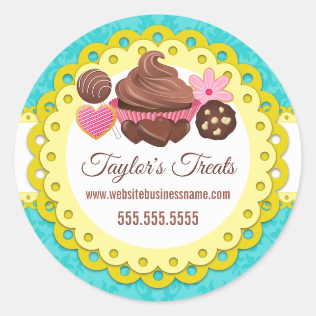 Cupcake Bäckerei Damask Gelbe Scallop Siegel Runder Aufkleber (Vorderseite)