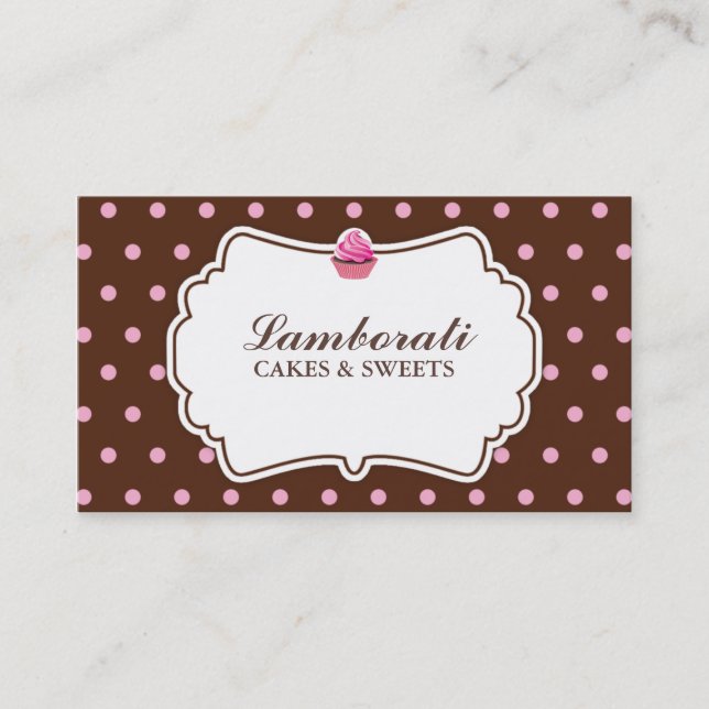 Cupcake Bäckerei Elegantes Rosa auf braunem Dot-Mu Visitenkarte (Vorderseite)